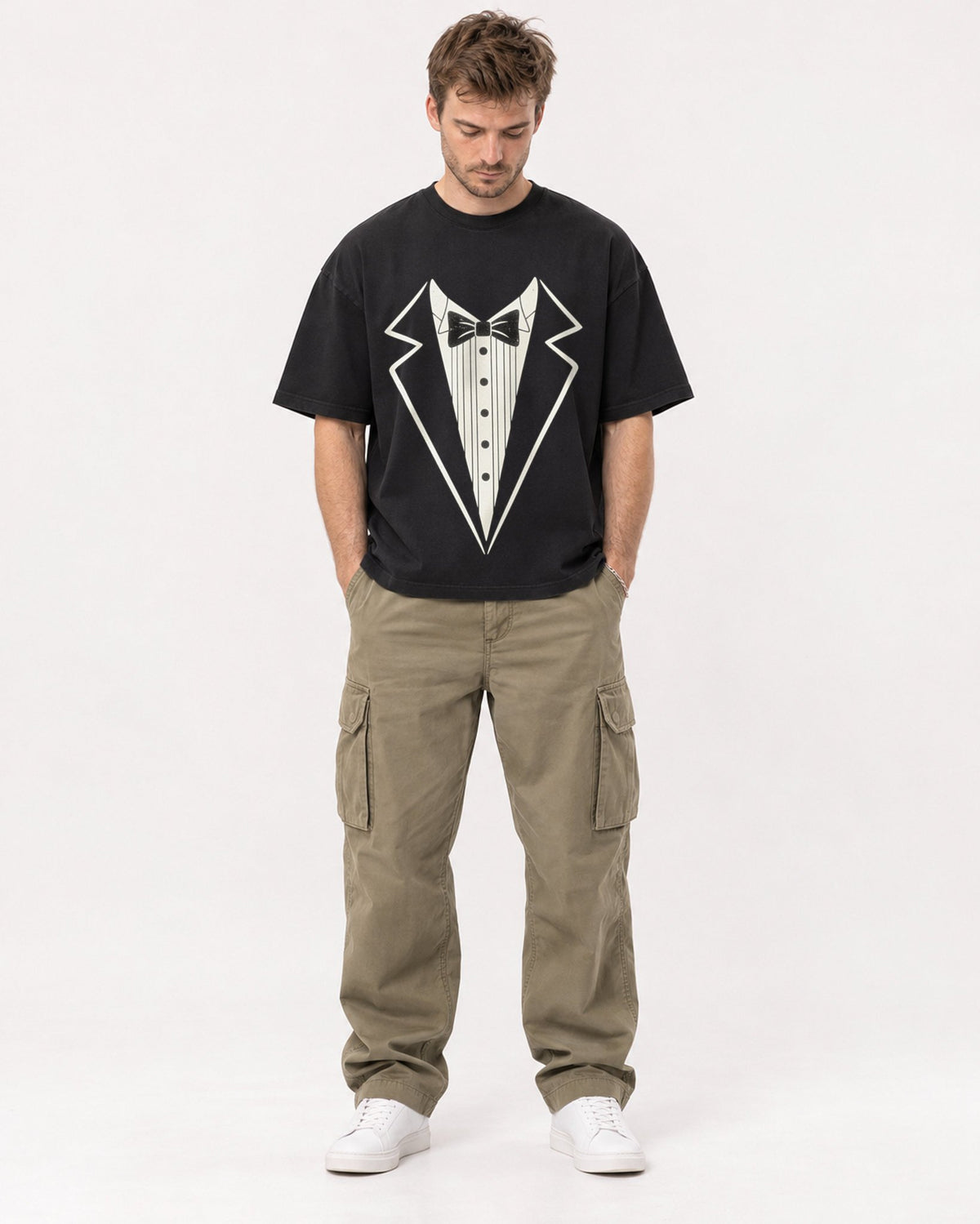 Mockup Boxy Heavyweight Tee Black male full-body 08