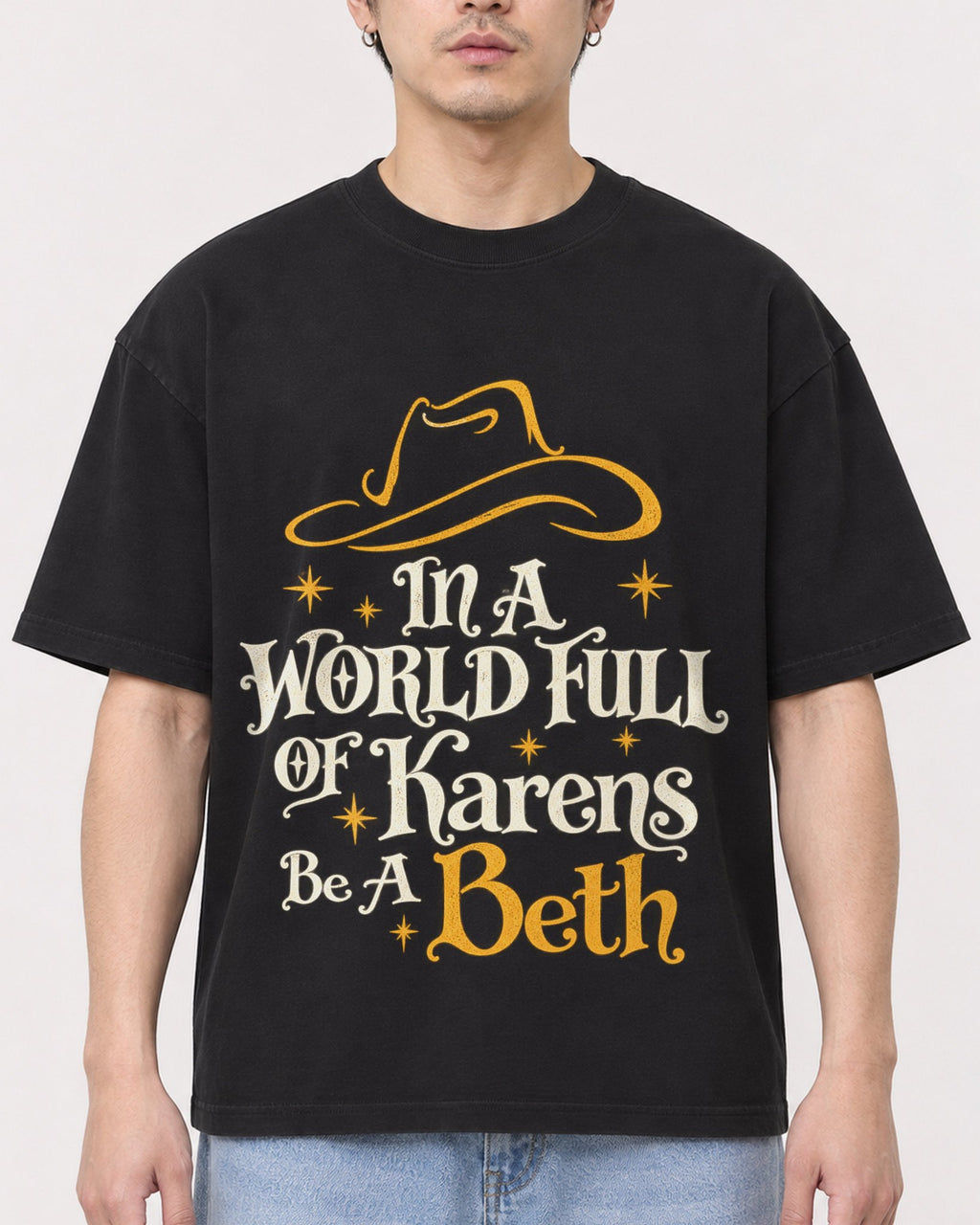 Mockup Boxy Heavyweight Tee Black male close-up 13