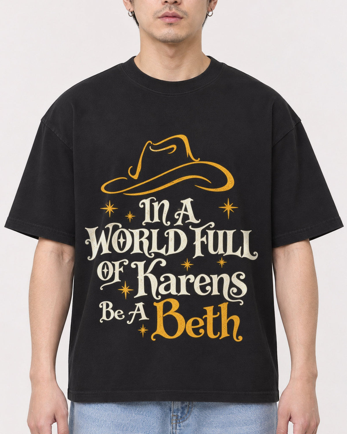 Mockup Boxy Heavyweight Tee Black male close-up 13