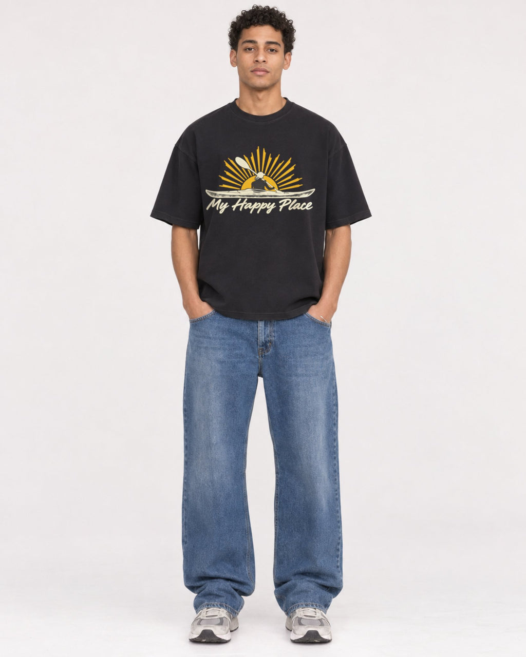 Mockup Boxy Heavyweight Tee Black male full-body 10