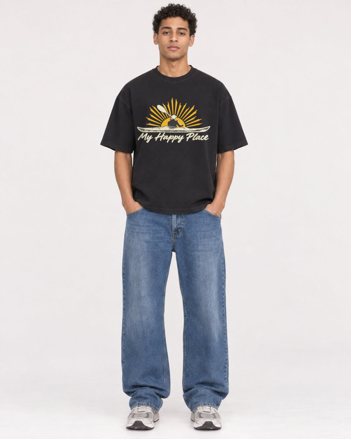 Mockup Boxy Heavyweight Tee Black male full-body 10