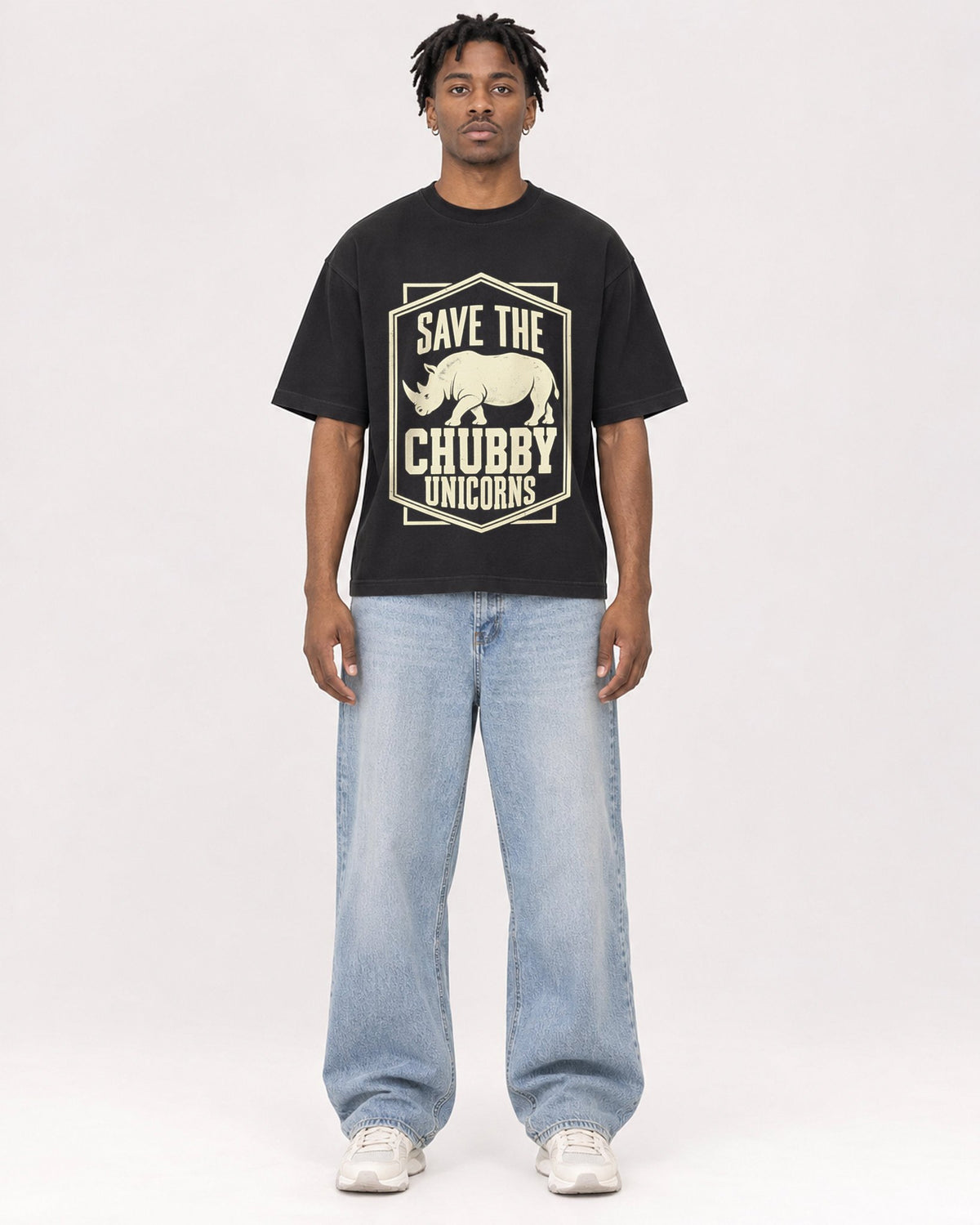 Mockup Boxy Heavyweight Tee Black male full-body 05