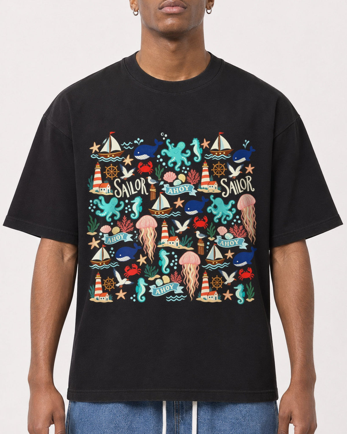 Mockup Boxy Heavyweight Tee Black male close-up 15