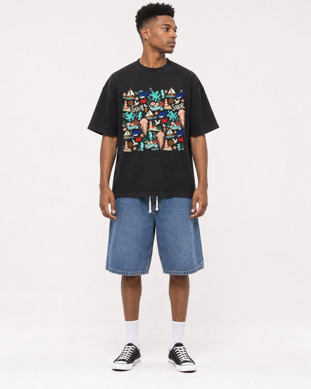 Mockup Boxy Heavyweight Tee Black male full-body 15
