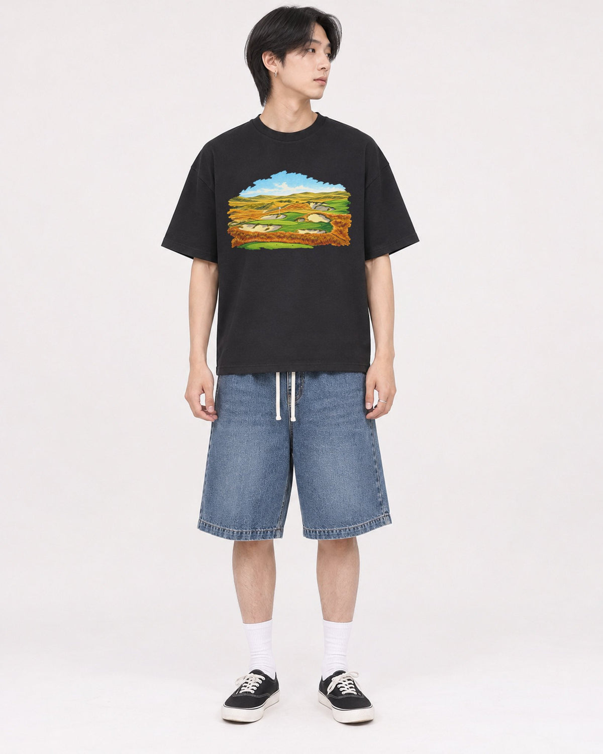 Mockup Boxy Heavyweight Tee Black male full-body 11