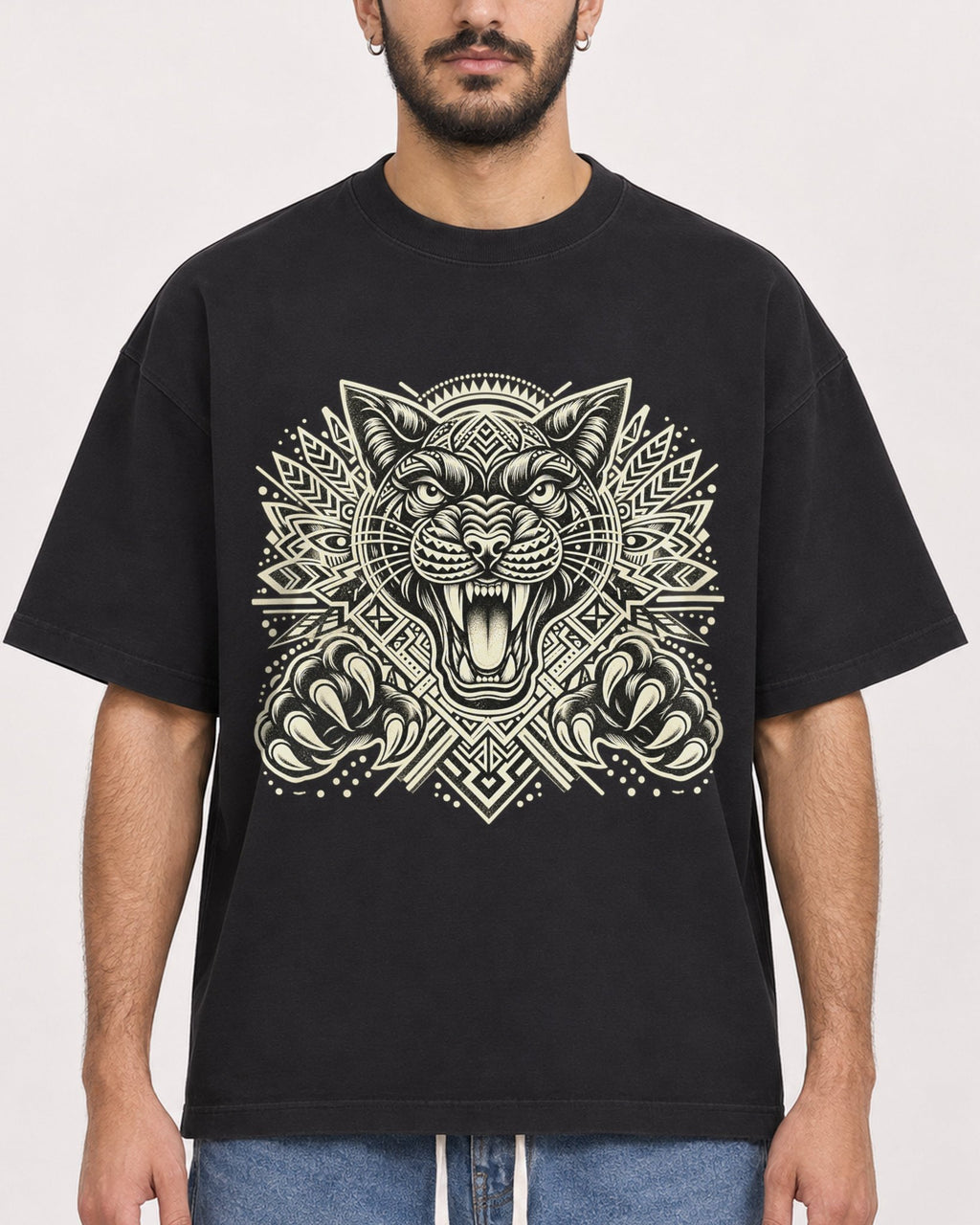 Mockup Boxy Heavyweight Tee Black male close-up 07