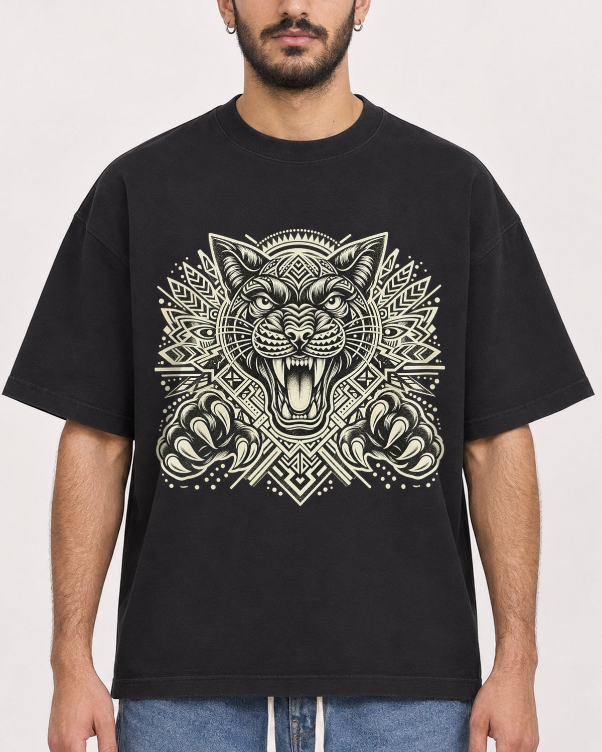 Mockup Boxy Heavyweight Tee Black male close-up 07