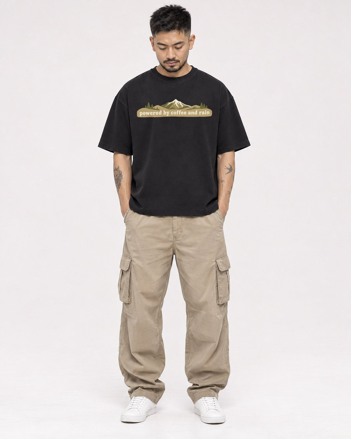 Mockup Boxy Heavyweight Tee Black male full-body 12