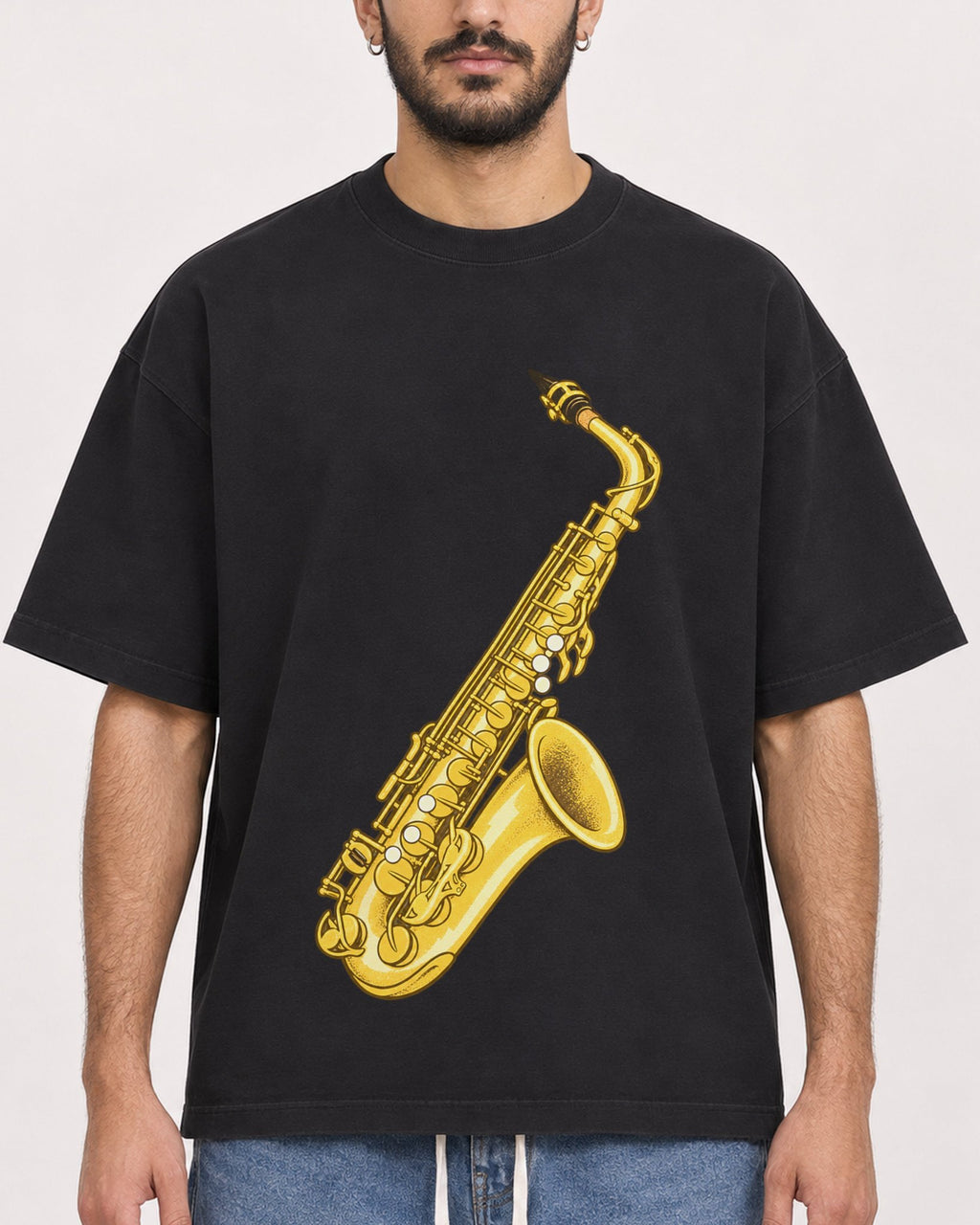 Mockup Boxy Heavyweight Tee Black male close-up 07