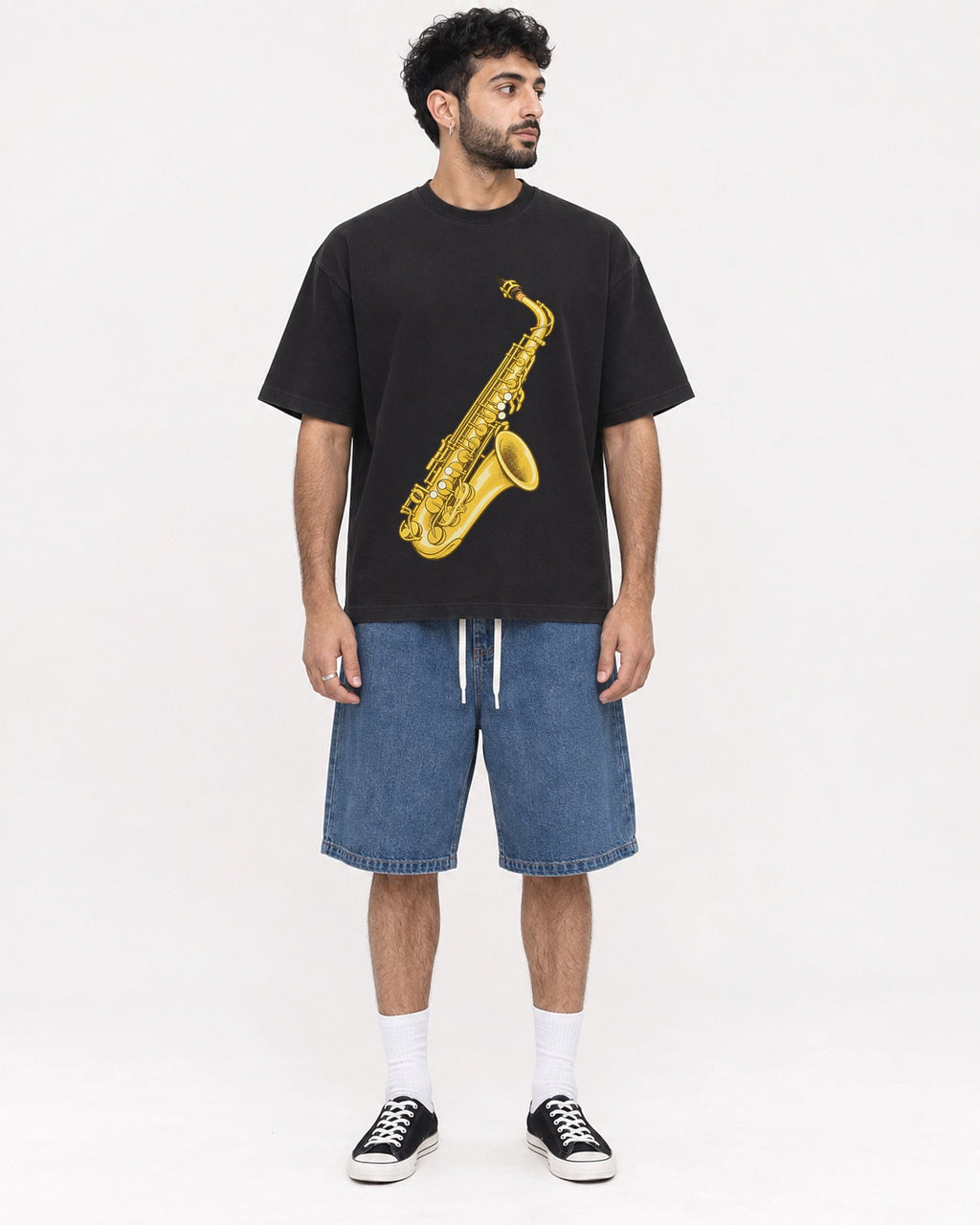 Mockup Boxy Heavyweight Tee Black male full-body 07