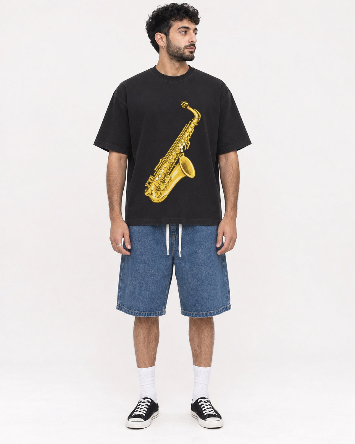 Mockup Boxy Heavyweight Tee Black male full-body 07