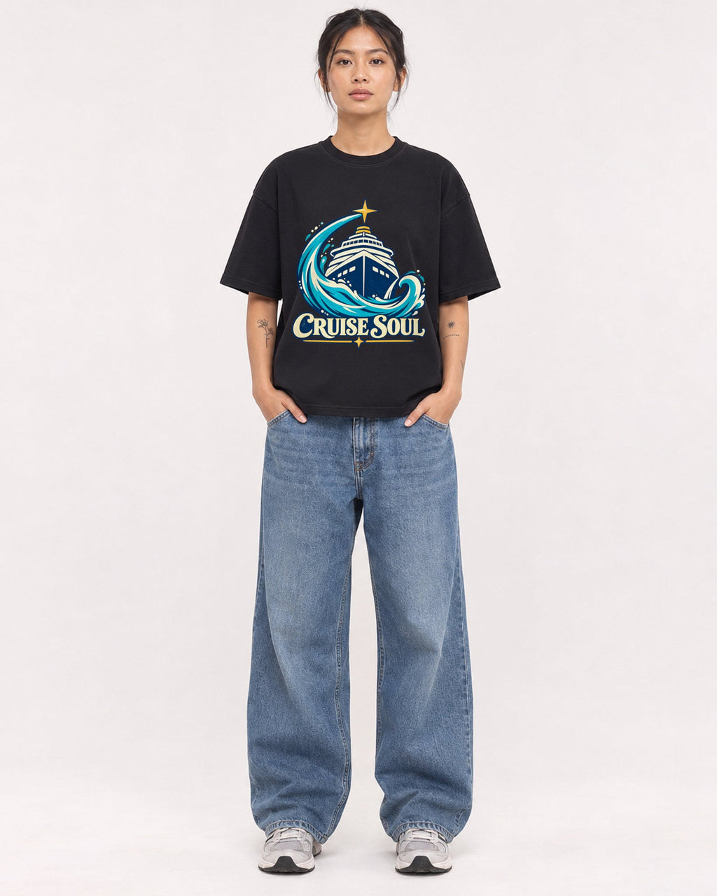 Mockup Boxy Heavyweight Tee Black female full-body 12