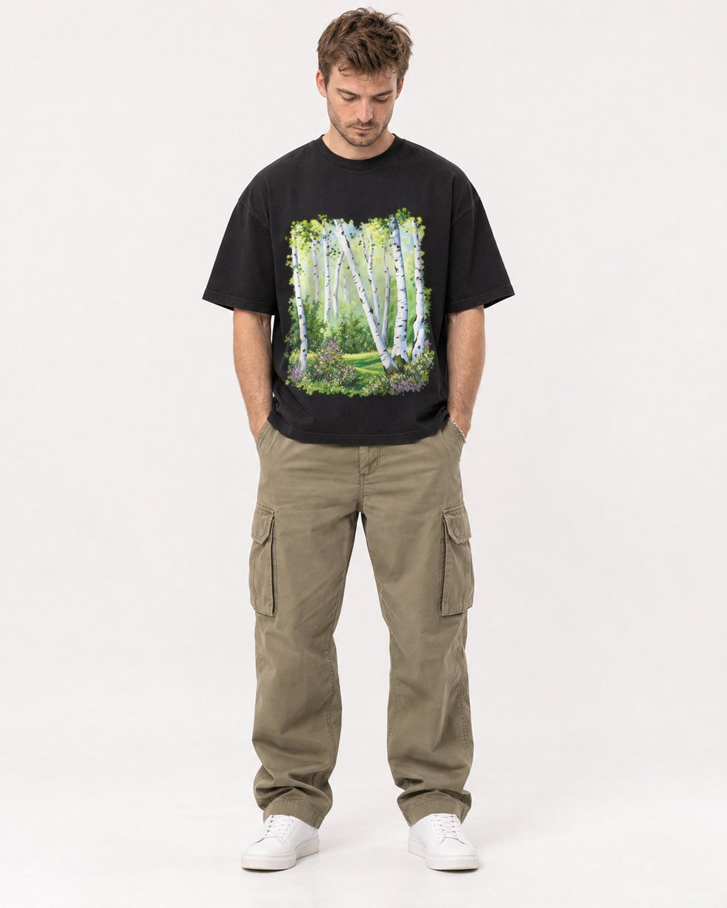 Mockup Boxy Heavyweight Tee Black male full-body 08