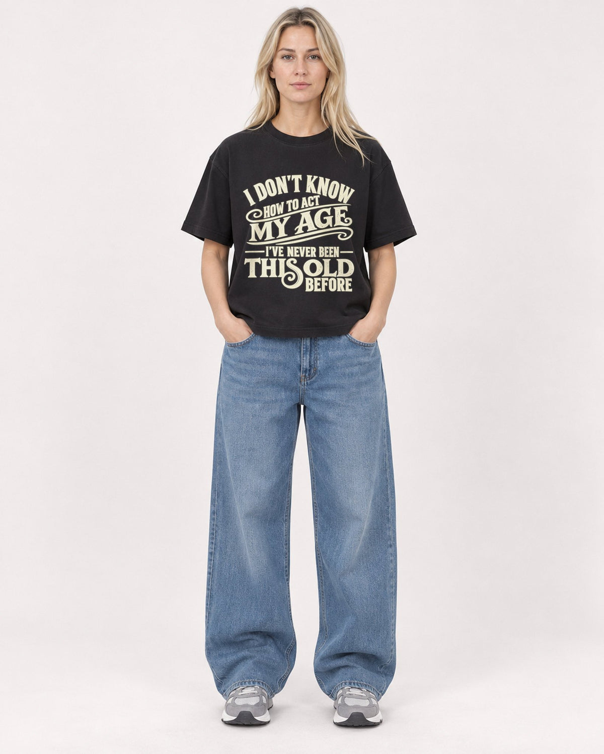 Mockup Boxy Heavyweight Tee Black female full-body 08