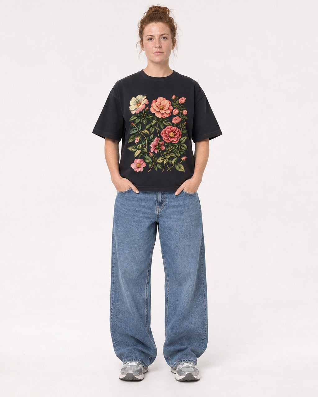 Mockup Boxy Heavyweight Tee Black female full-body 28