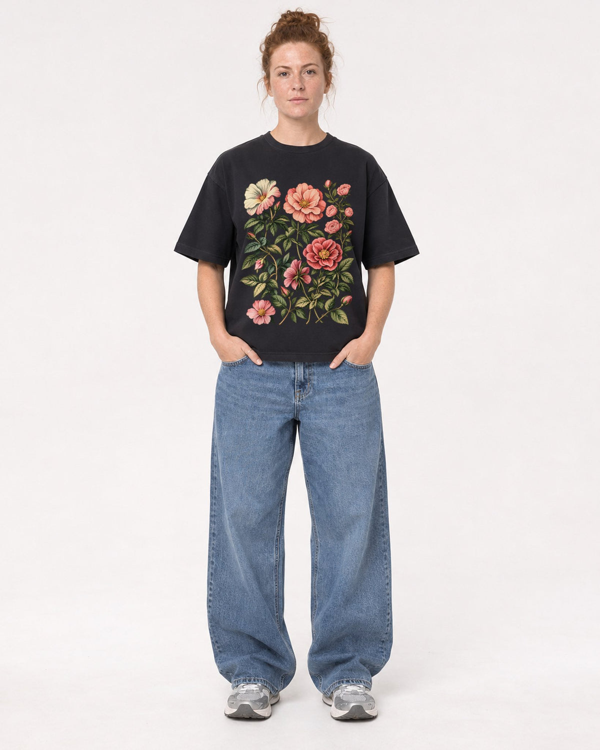 Mockup Boxy Heavyweight Tee Black female full-body 28