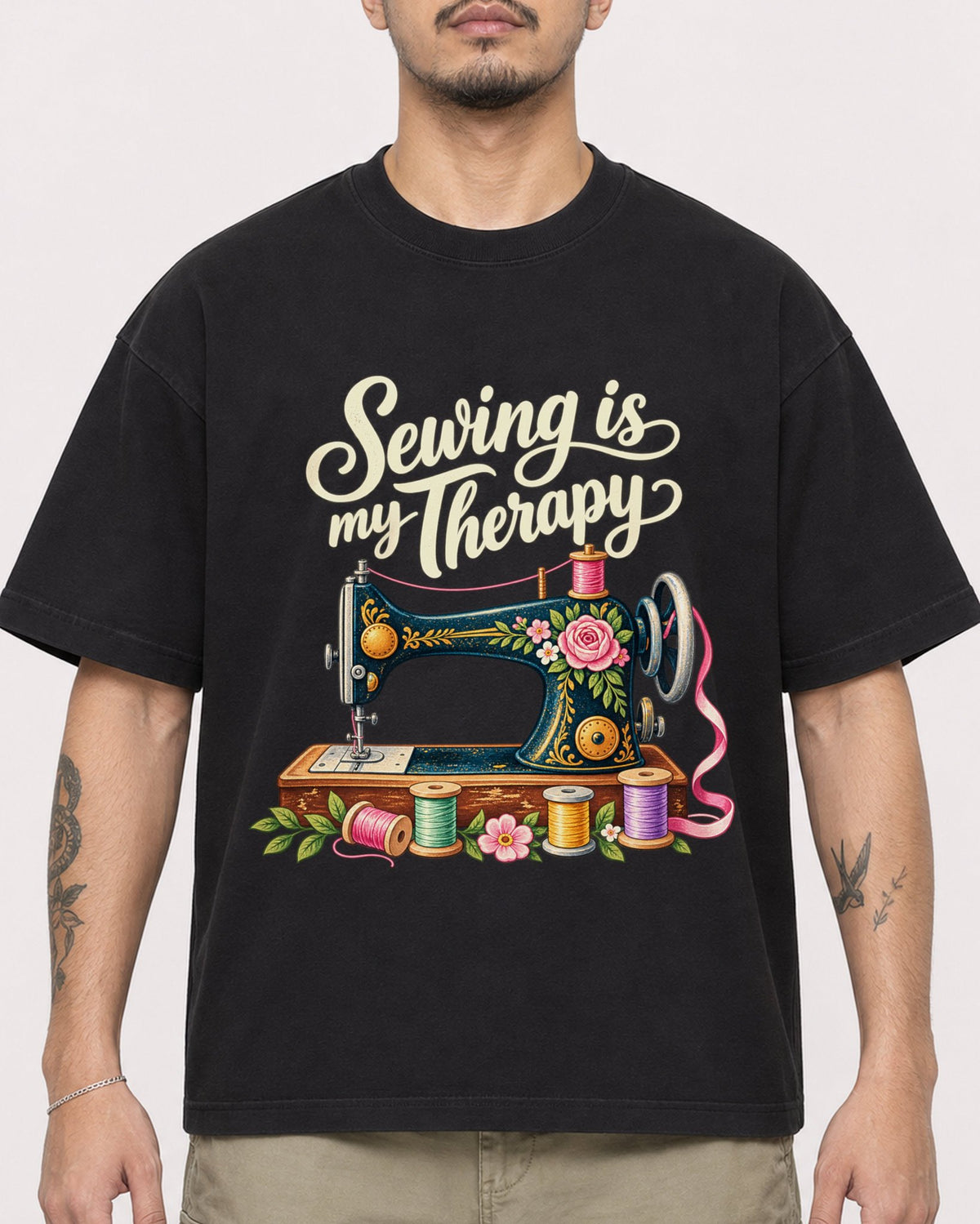 Mockup Boxy Heavyweight Tee Black male close-up 12