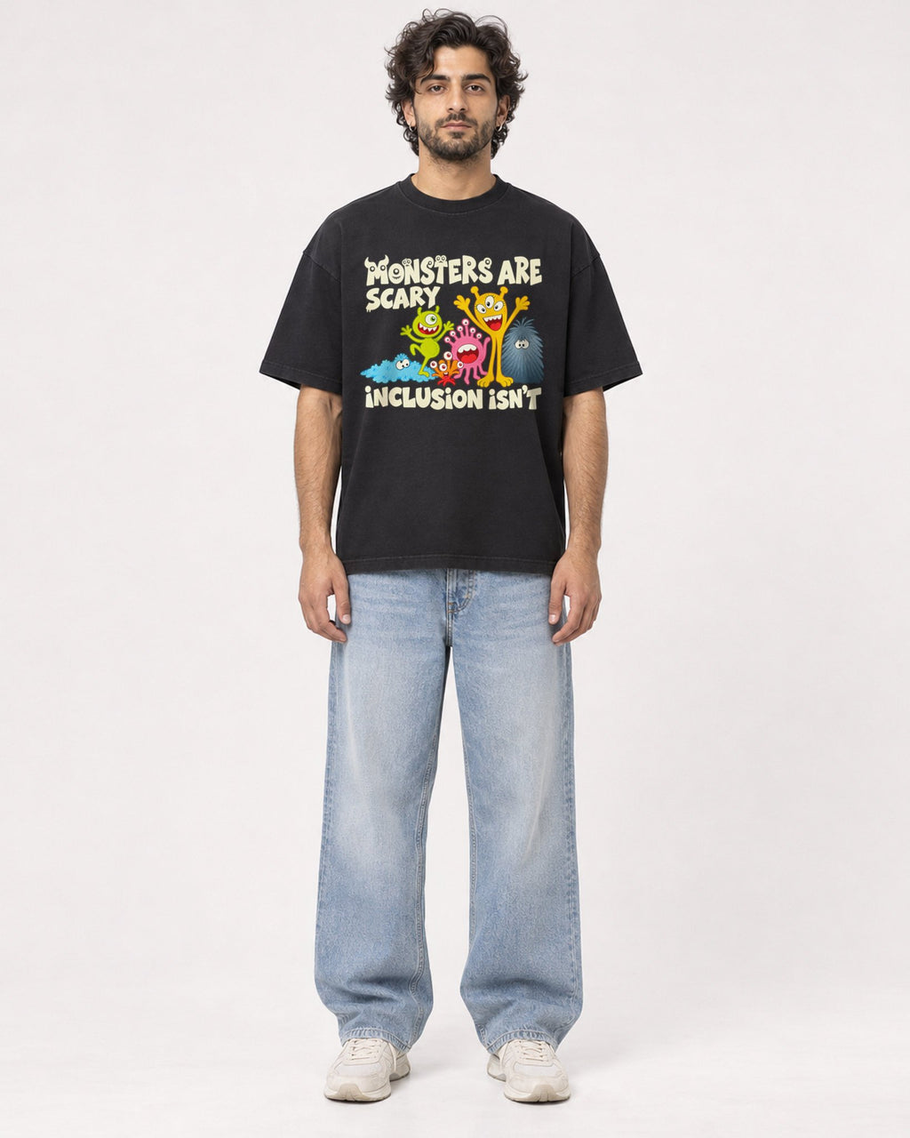 Mockup Boxy Heavyweight Tee Black male full-body 17