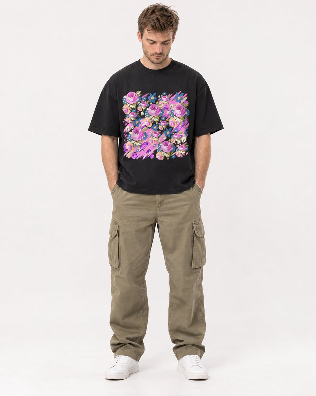 Mockup Boxy Heavyweight Tee Black male full-body 08