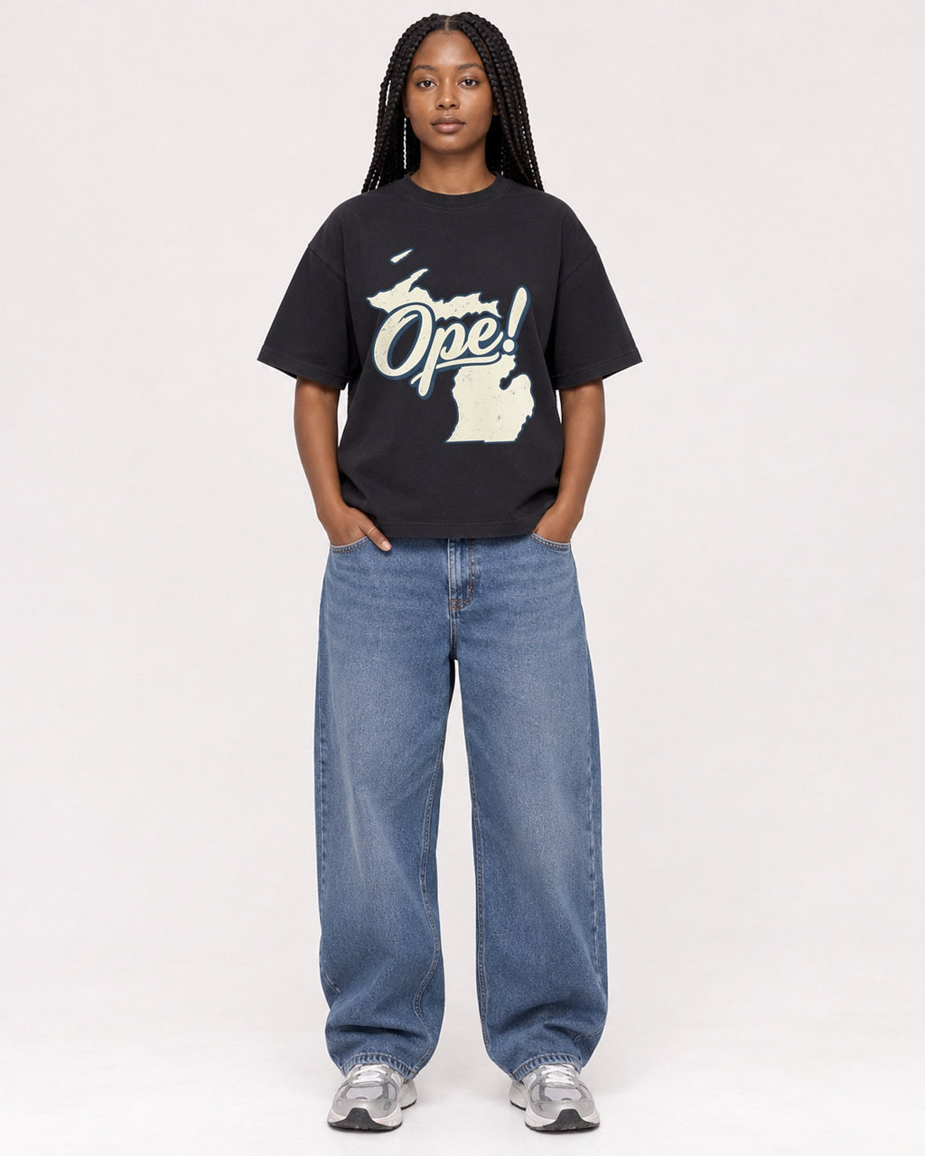 Mockup Boxy Heavyweight Tee Black female full-body 04