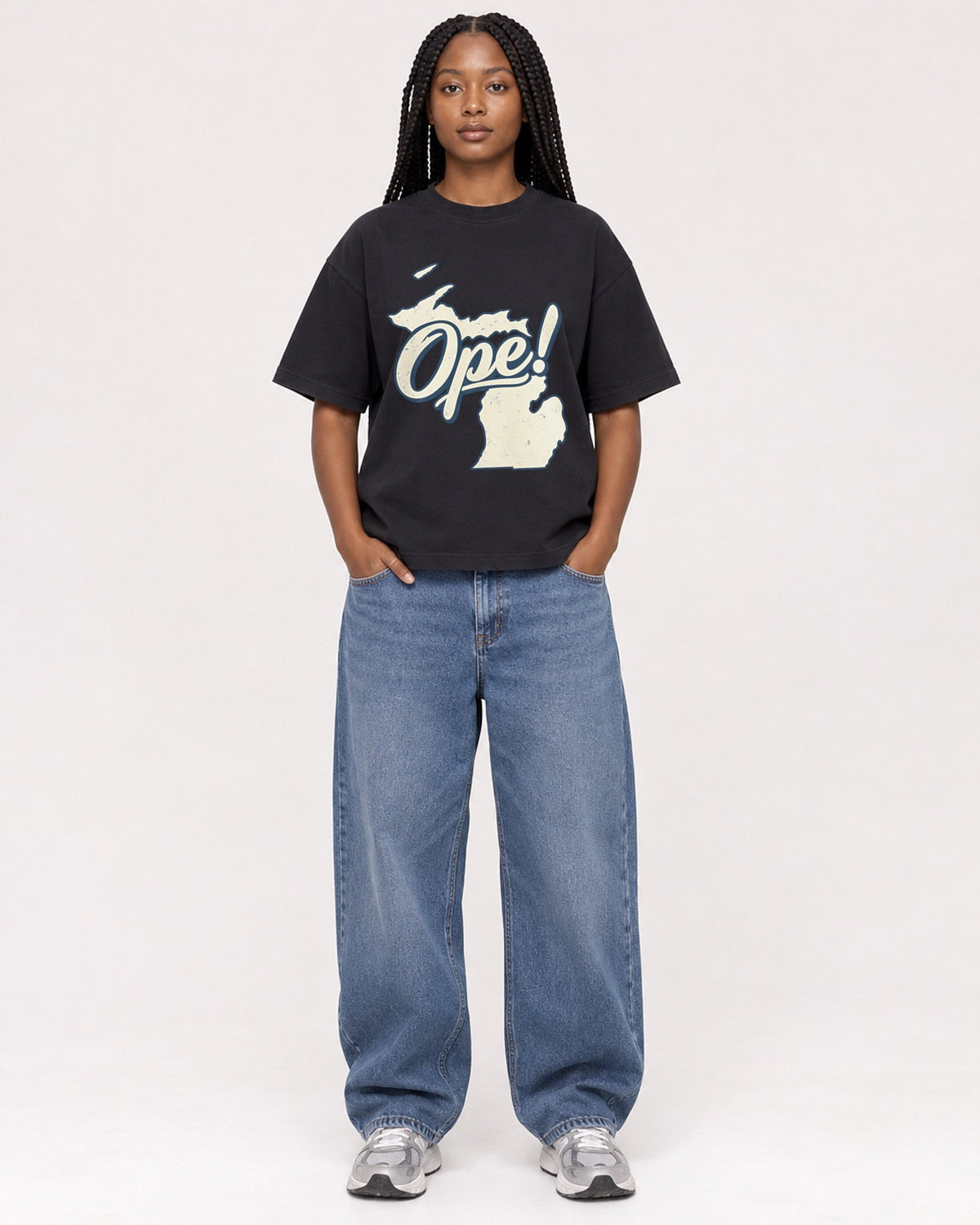Mockup Boxy Heavyweight Tee Black female full-body 04
