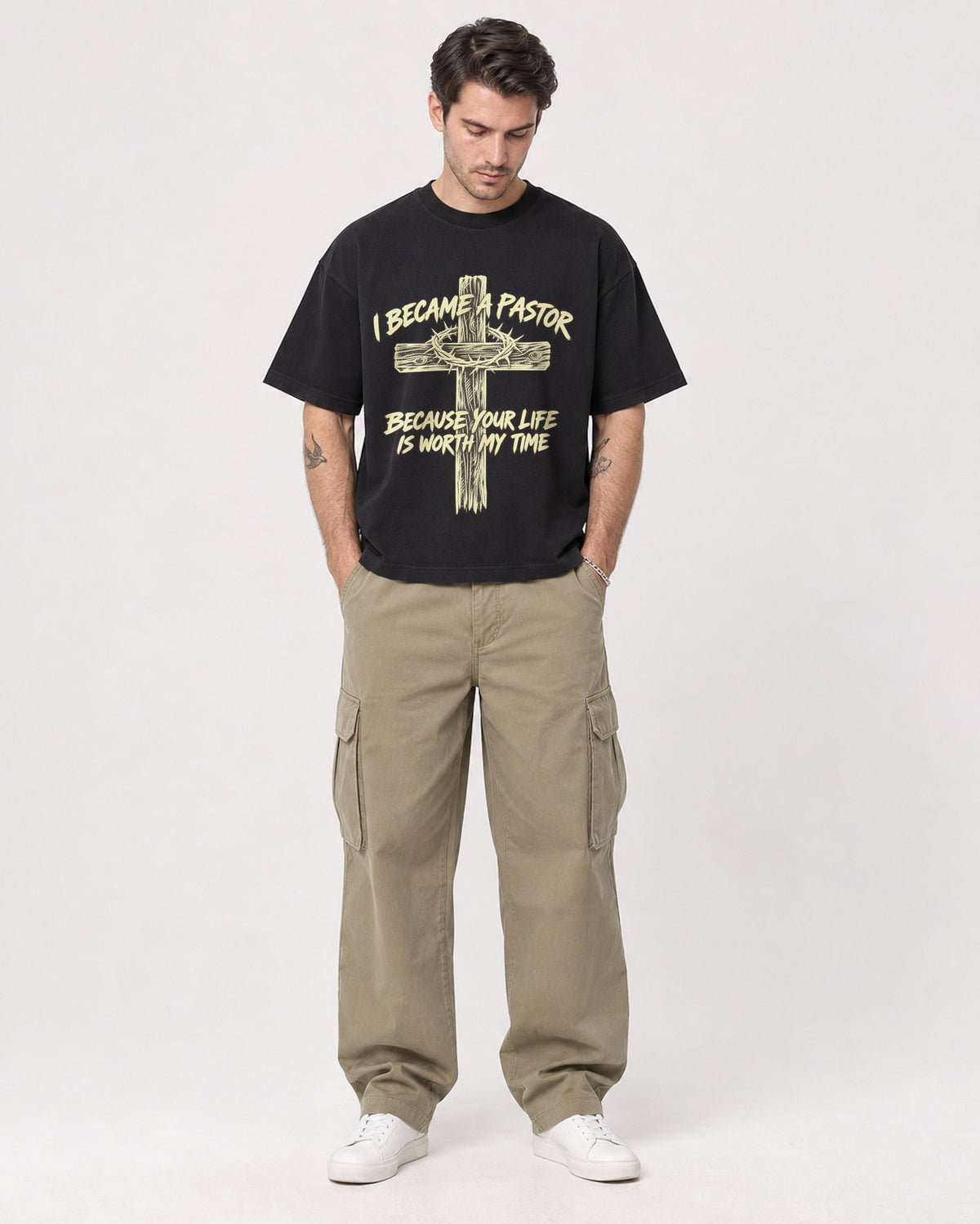 Mockup Boxy Heavyweight Tee Black male full-body 48