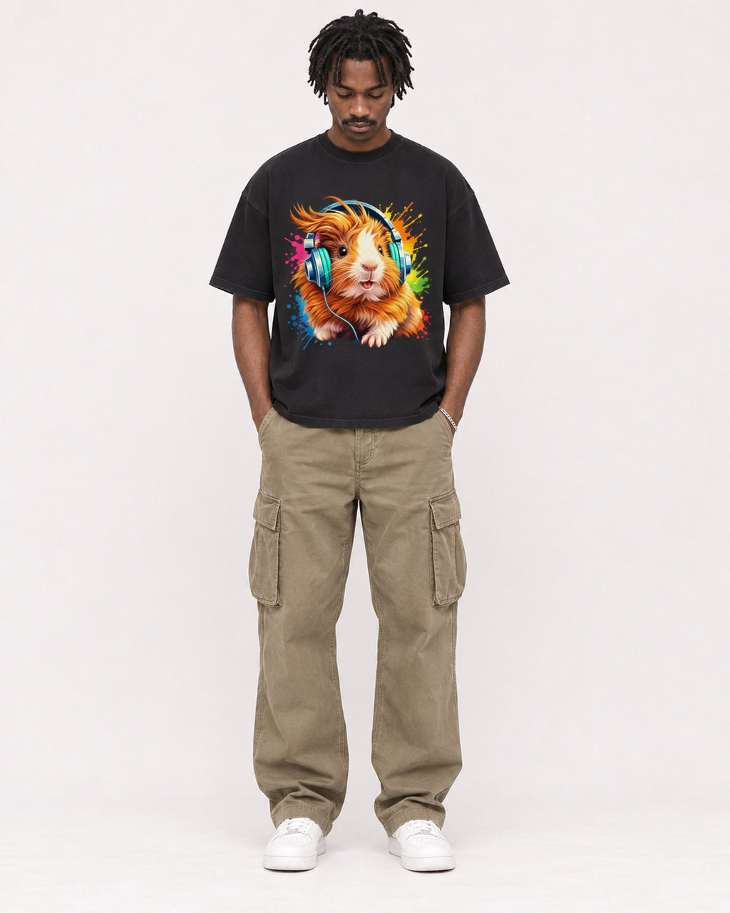 Mockup Boxy Heavyweight Tee Black male full-body 04
