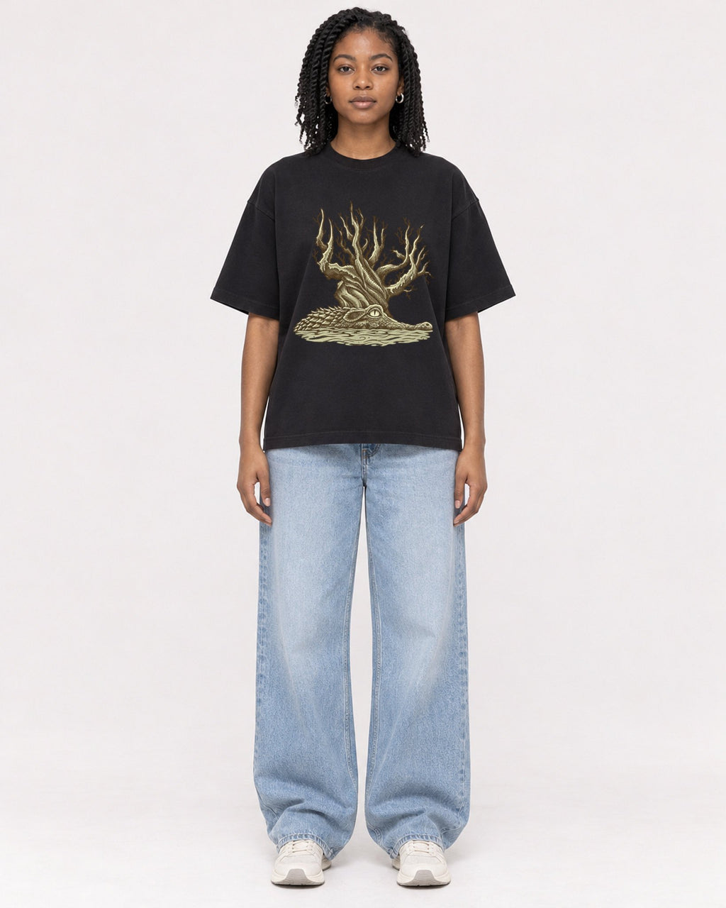 Mockup Boxy Heavyweight Tee Black female full-body 15