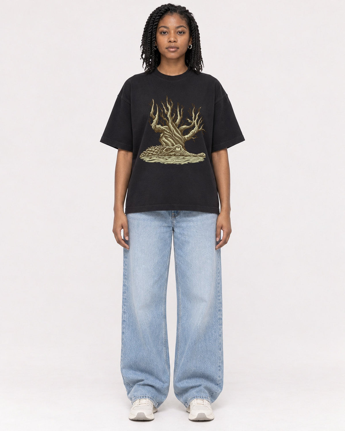 Mockup Boxy Heavyweight Tee Black female full-body 15