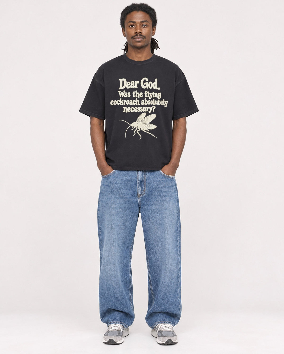 Mockup Boxy Heavyweight Tee Black male full-body 34