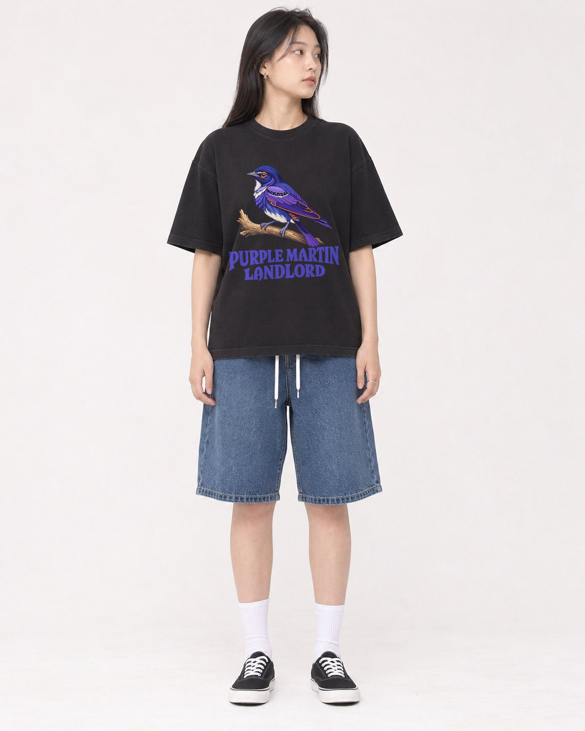 Mockup Boxy Heavyweight Tee Black female full-body 01