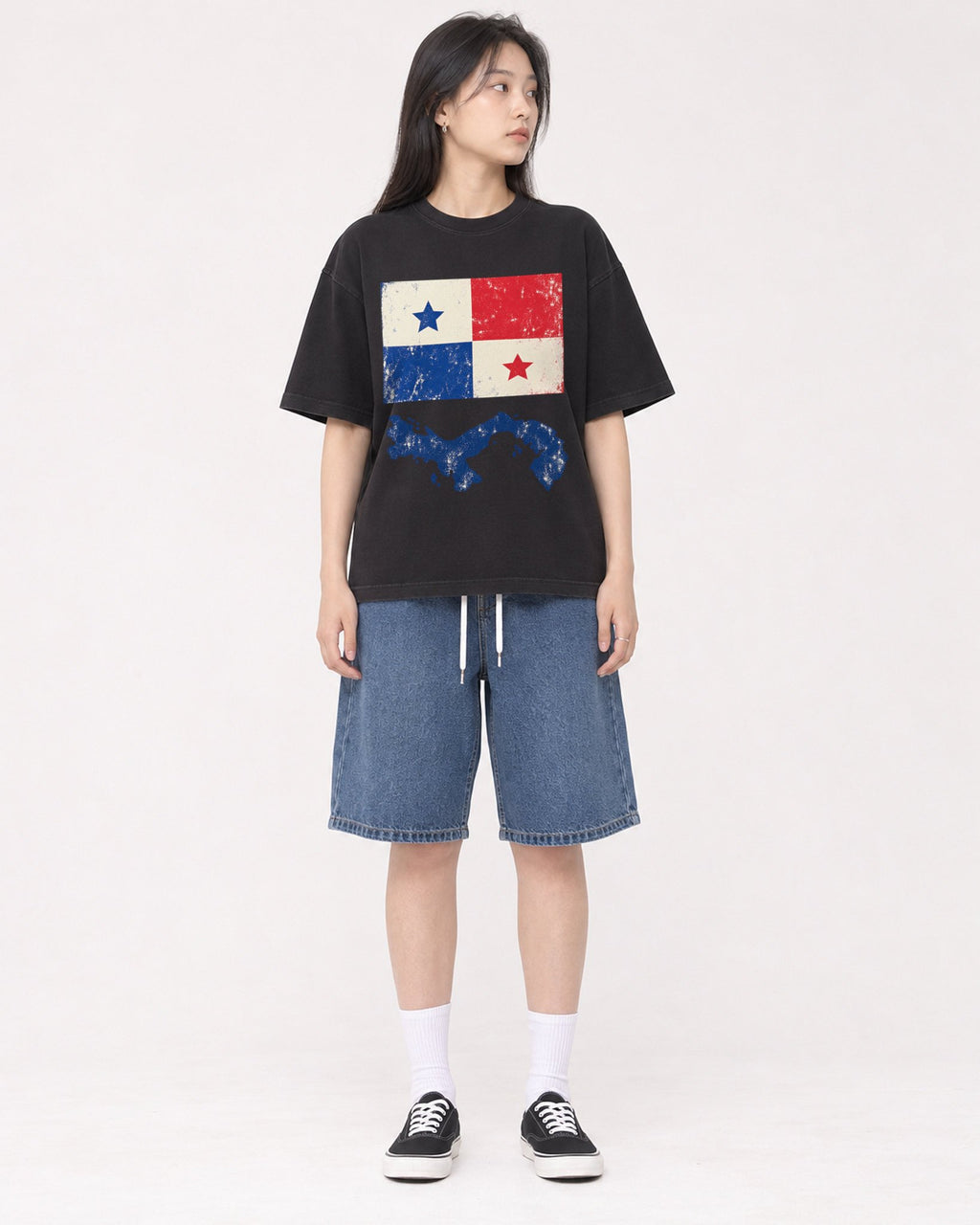 Mockup Boxy Heavyweight Tee Black female full-body 01