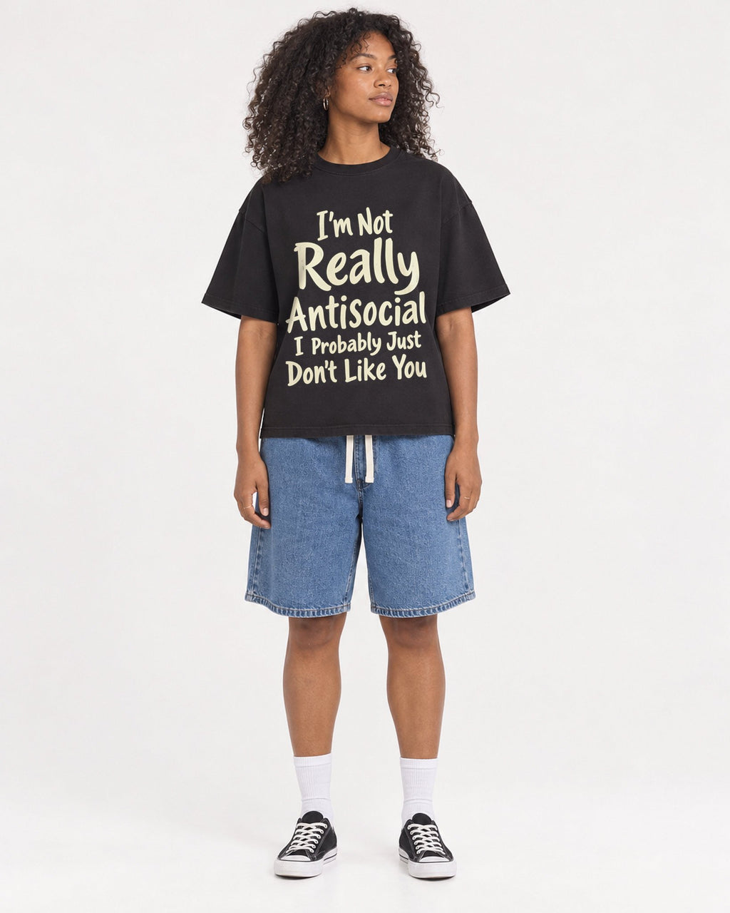 Mockup Boxy Heavyweight Tee Black female full-body 05