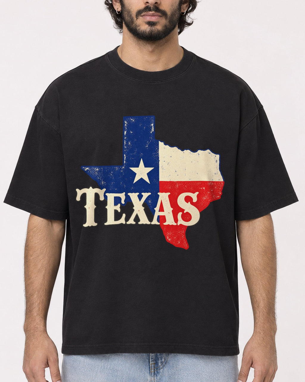 Mockup Boxy Heavyweight Tee Black male close-up 17