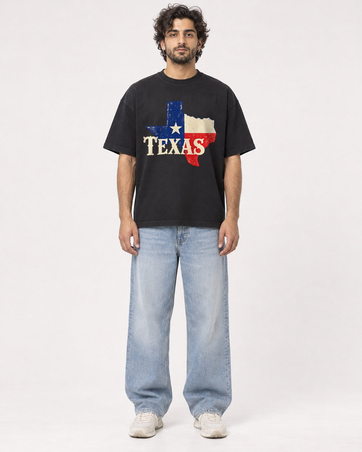 Mockup Boxy Heavyweight Tee Black male full-body 17