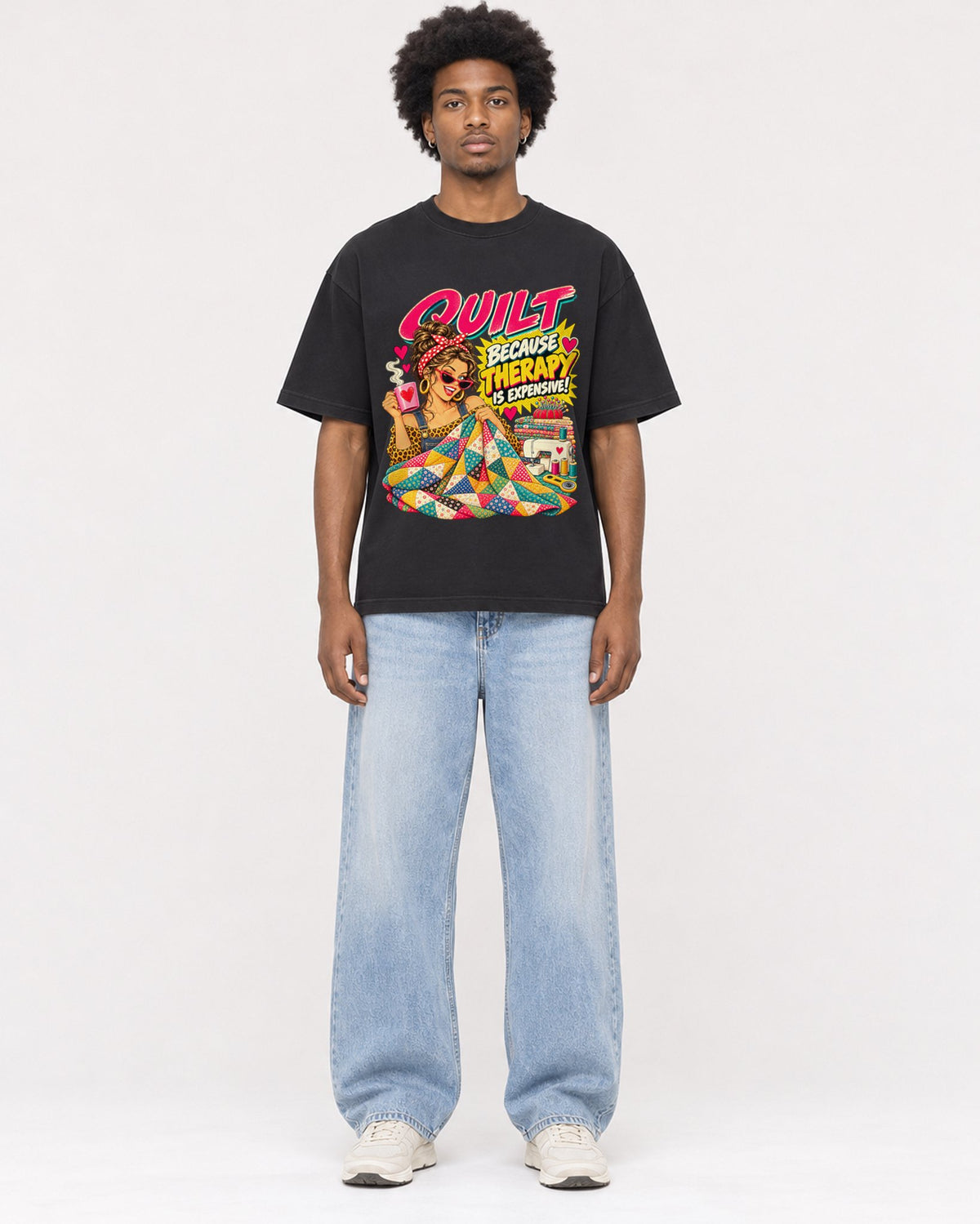 Mockup Boxy Heavyweight Tee Black male full-body 45