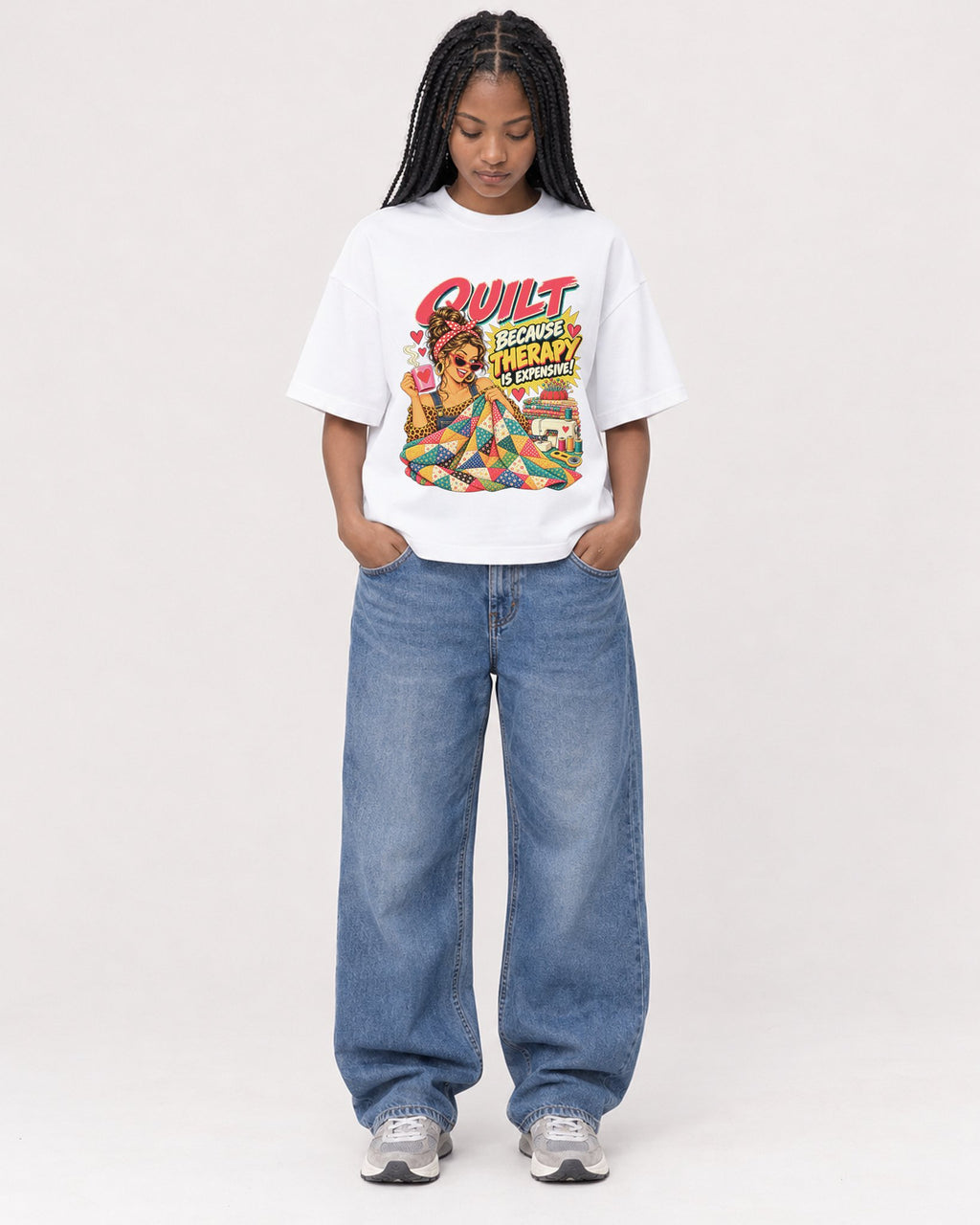 Mockup Boxy Heavyweight Tee White female full-body 45