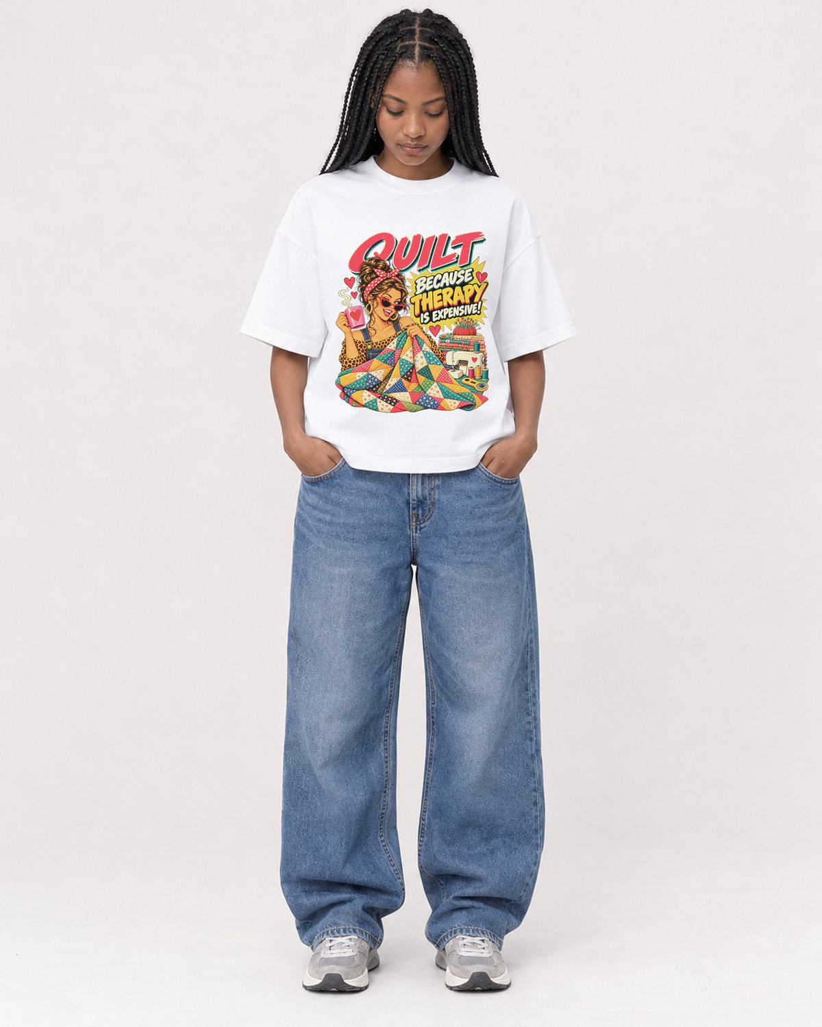 Mockup Boxy Heavyweight Tee White female full-body 45