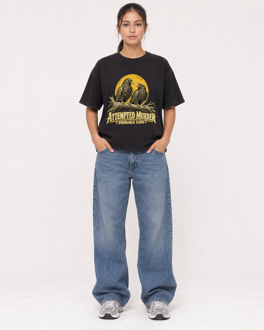 Mockup Boxy Heavyweight Tee Black female full-body 16