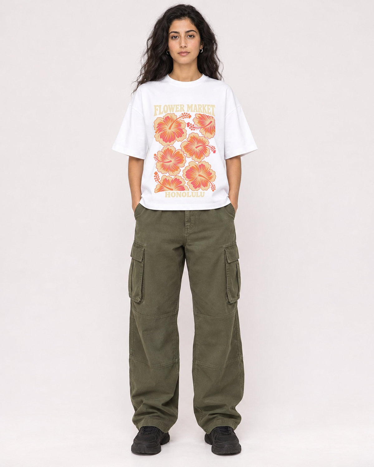 Mockup Boxy Heavyweight Tee White female full-body 07