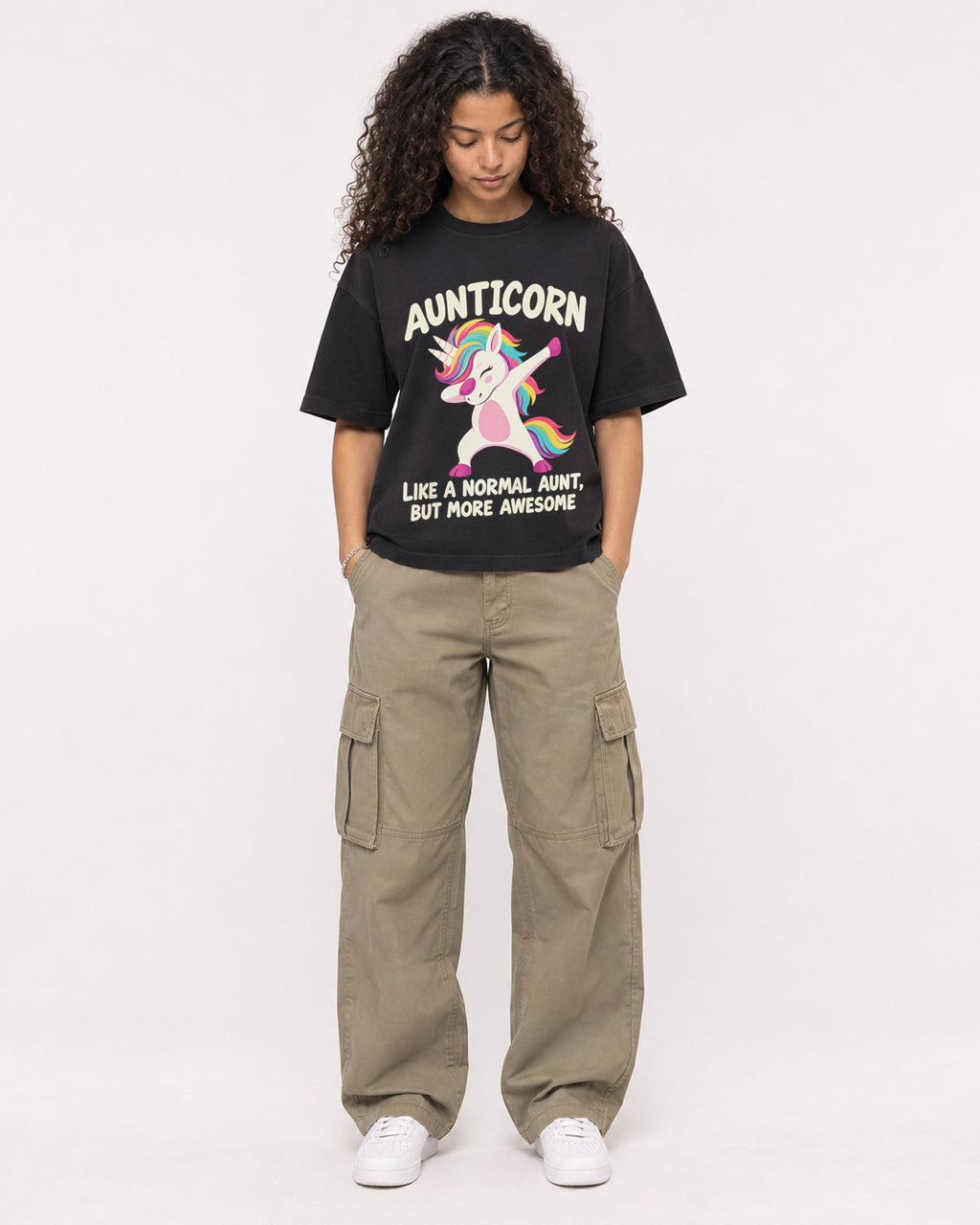 Mockup Boxy Heavyweight Tee Black female full-body 10