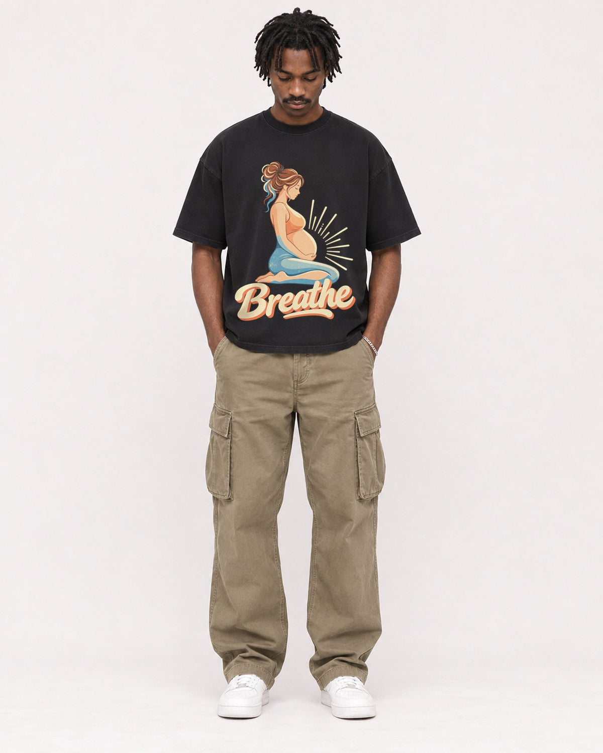 Mockup Boxy Heavyweight Tee Black male full-body 04