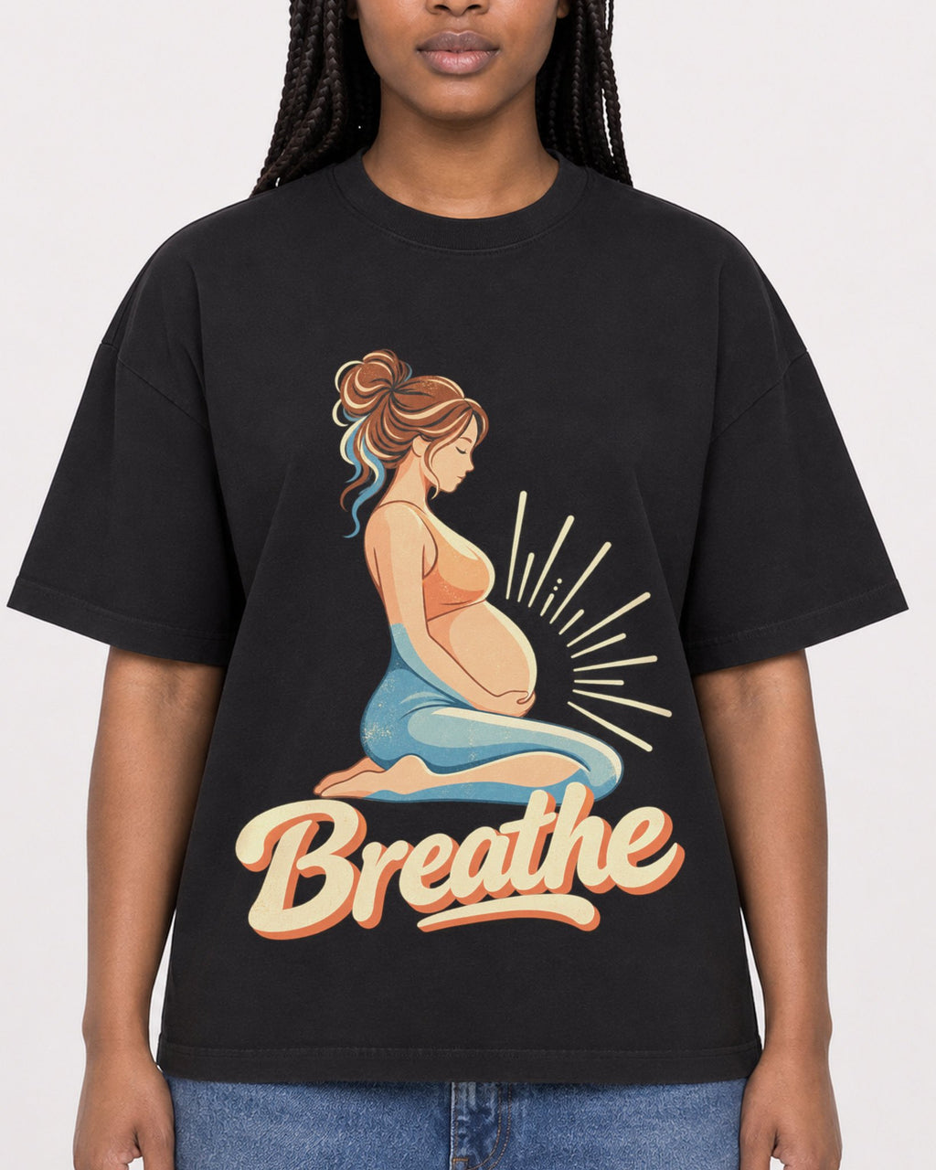Mockup Boxy Heavyweight Tee Black female close-up 04