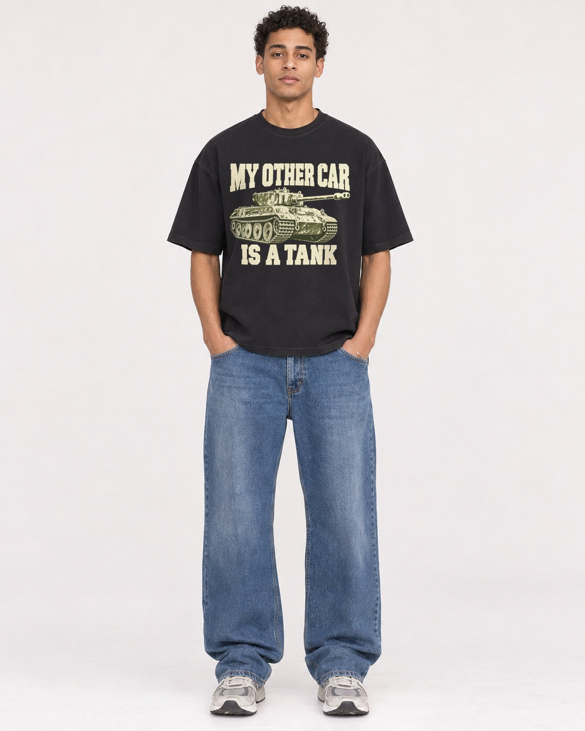Mockup Boxy Heavyweight Tee Black male full-body 10