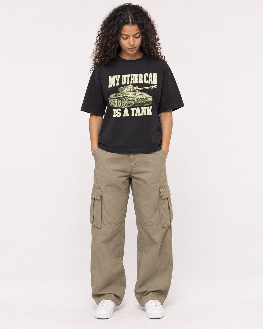 Mockup Boxy Heavyweight Tee Black female full-body 10
