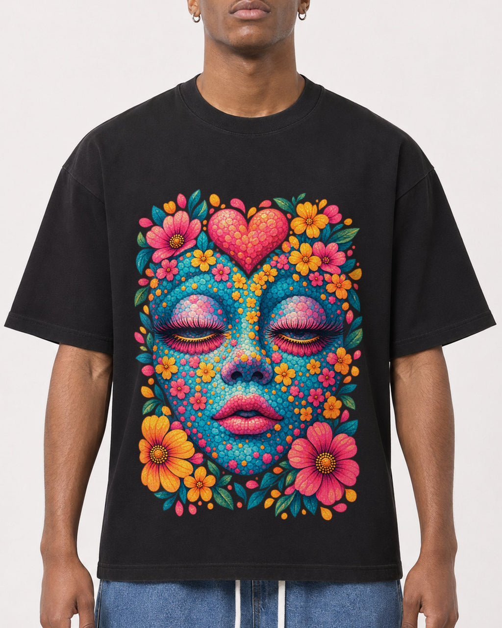 Mockup Boxy Heavyweight Tee Black male close-up 15