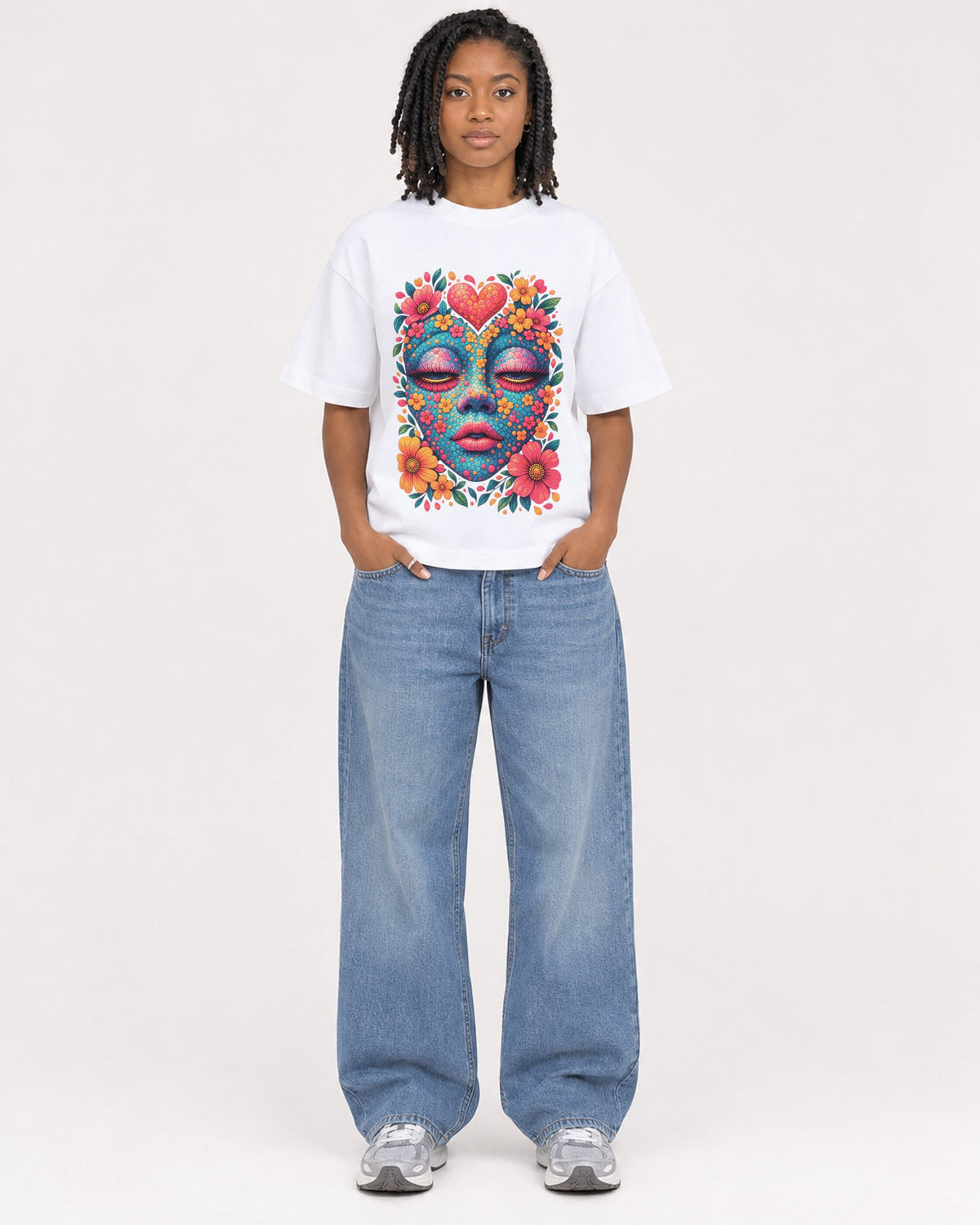 Mockup Boxy Heavyweight Tee White female full-body 15