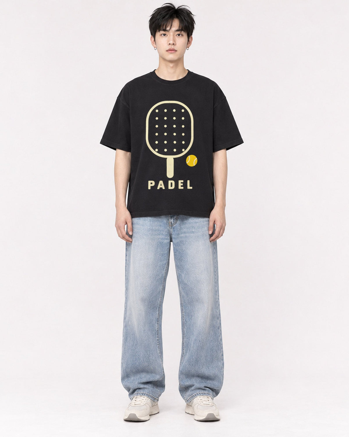 Mockup Boxy Heavyweight Tee Black male full-body 01