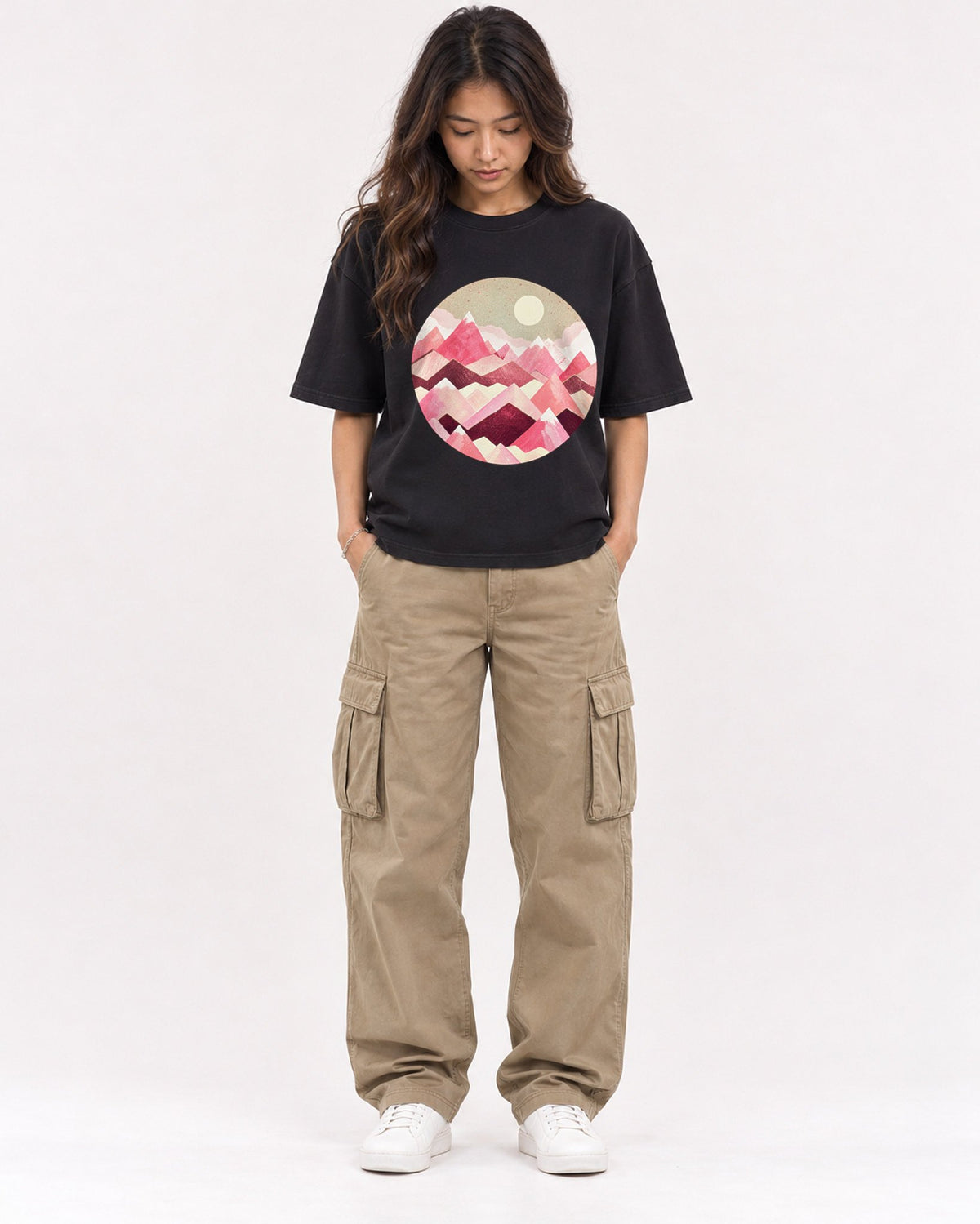 Mockup Boxy Heavyweight Tee Black female full-body 02