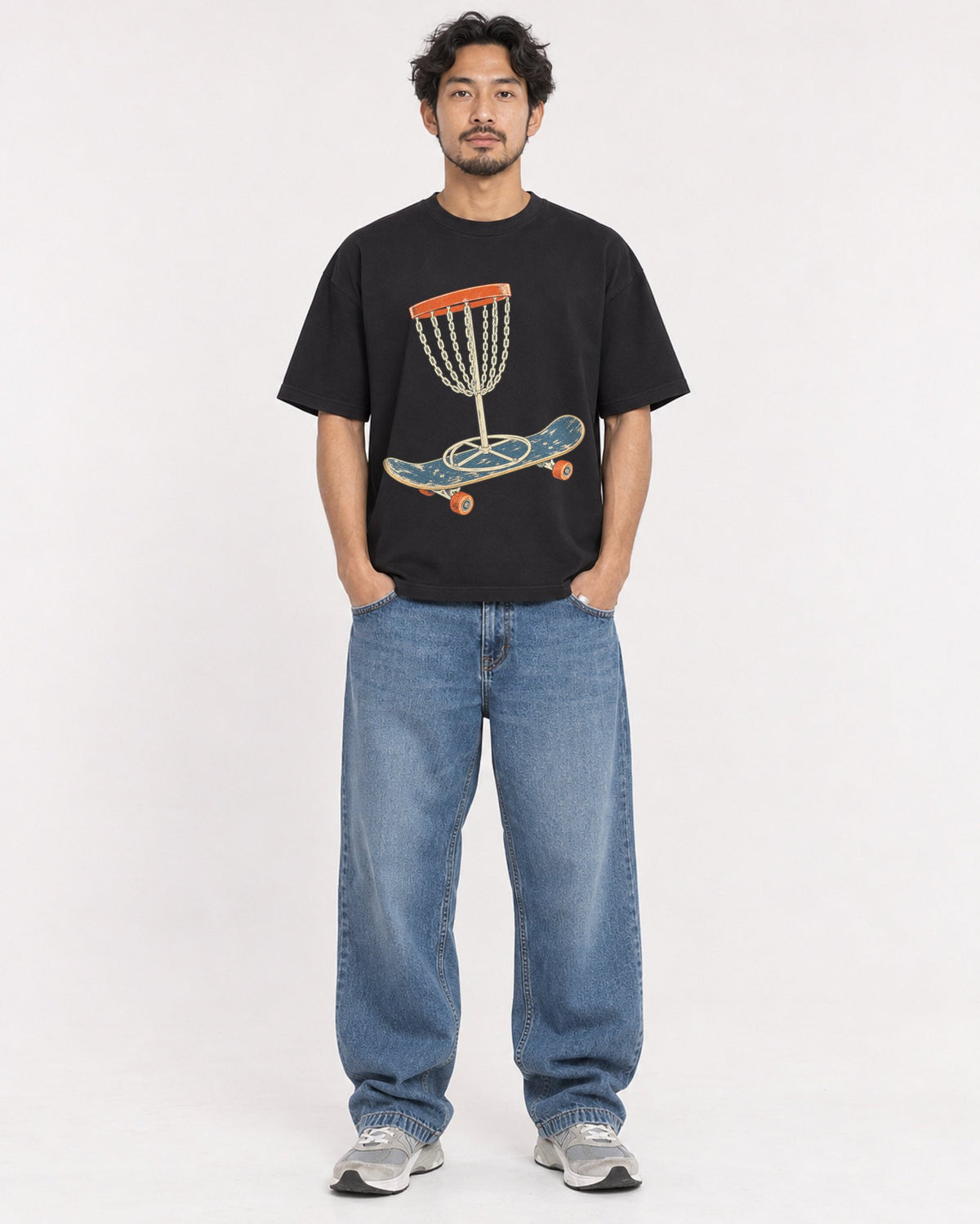 Mockup Boxy Heavyweight Tee Black male full-body 02